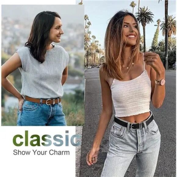 2 Pack Women's Leather Belts for Jeans Dresses Fashion Gold Buckle Ladies Belt - Picture 4 of 7